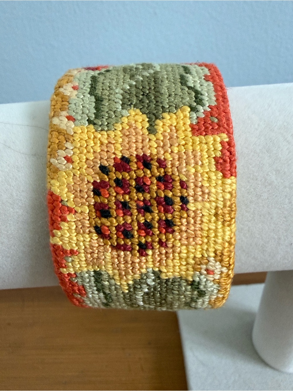 Hand-Embroidered Sunflower Needlepoint Cuff Bracelet - Yellow & Green